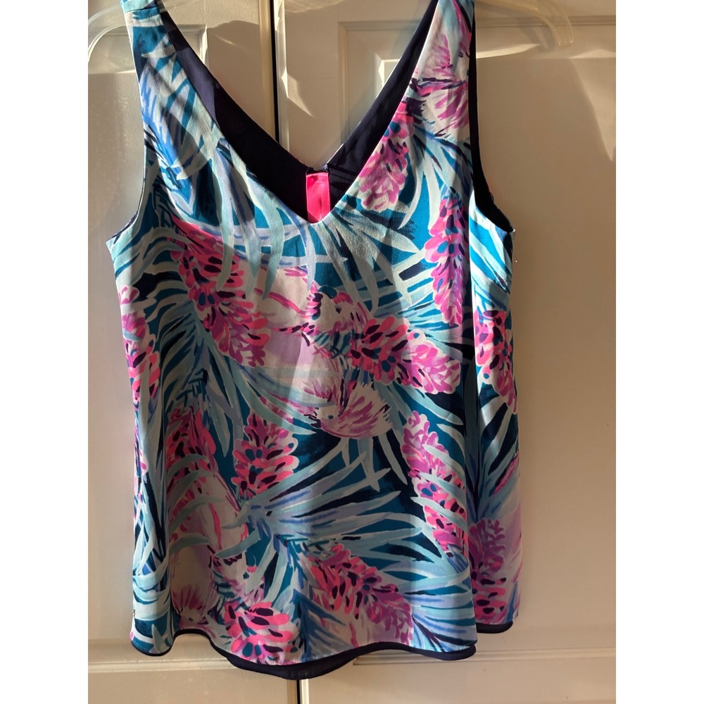 Lilly Pulitzer Tank Top XS Blue Pink Floral V Neck‎ Sleeveless Reversible